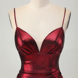 Burgundy Spaghetti Straps Ruched Tight Homecoming Dress - Image 6