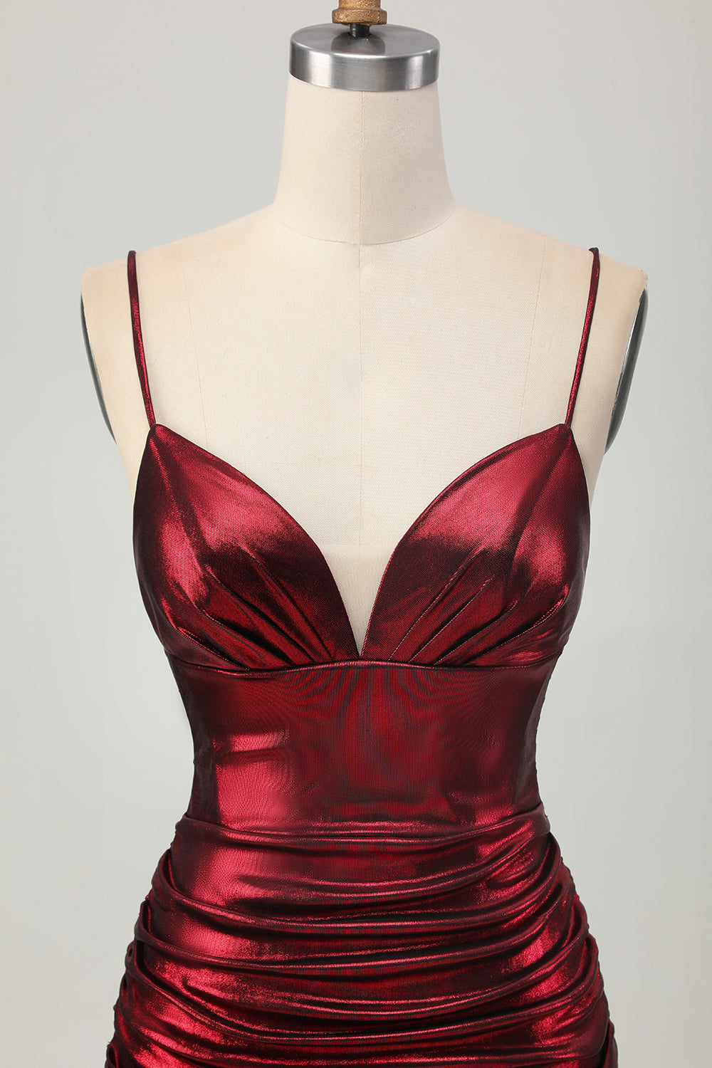 Burgundy Spaghetti Straps Ruched Tight Homecoming Dress - Image 6