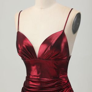 Burgundy Spaghetti Straps Ruched Tight Homecoming Dress - Image 8