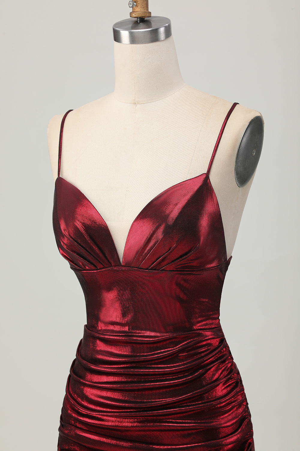 Burgundy Spaghetti Straps Ruched Tight Homecoming Dress - Image 8