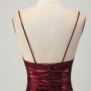 Burgundy Spaghetti Straps Ruched Tight Homecoming Dress - Image 7