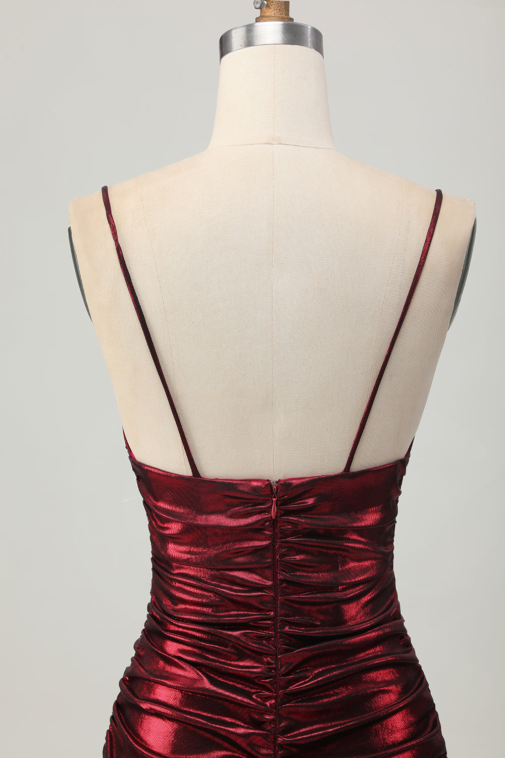 Burgundy Spaghetti Straps Ruched Tight Homecoming Dress - Image 7