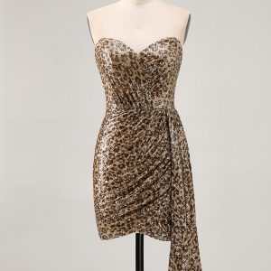Sparkly Khaki Leopard Ruched Bodycon Strapless Homecoming Dress With Sash - Image 1