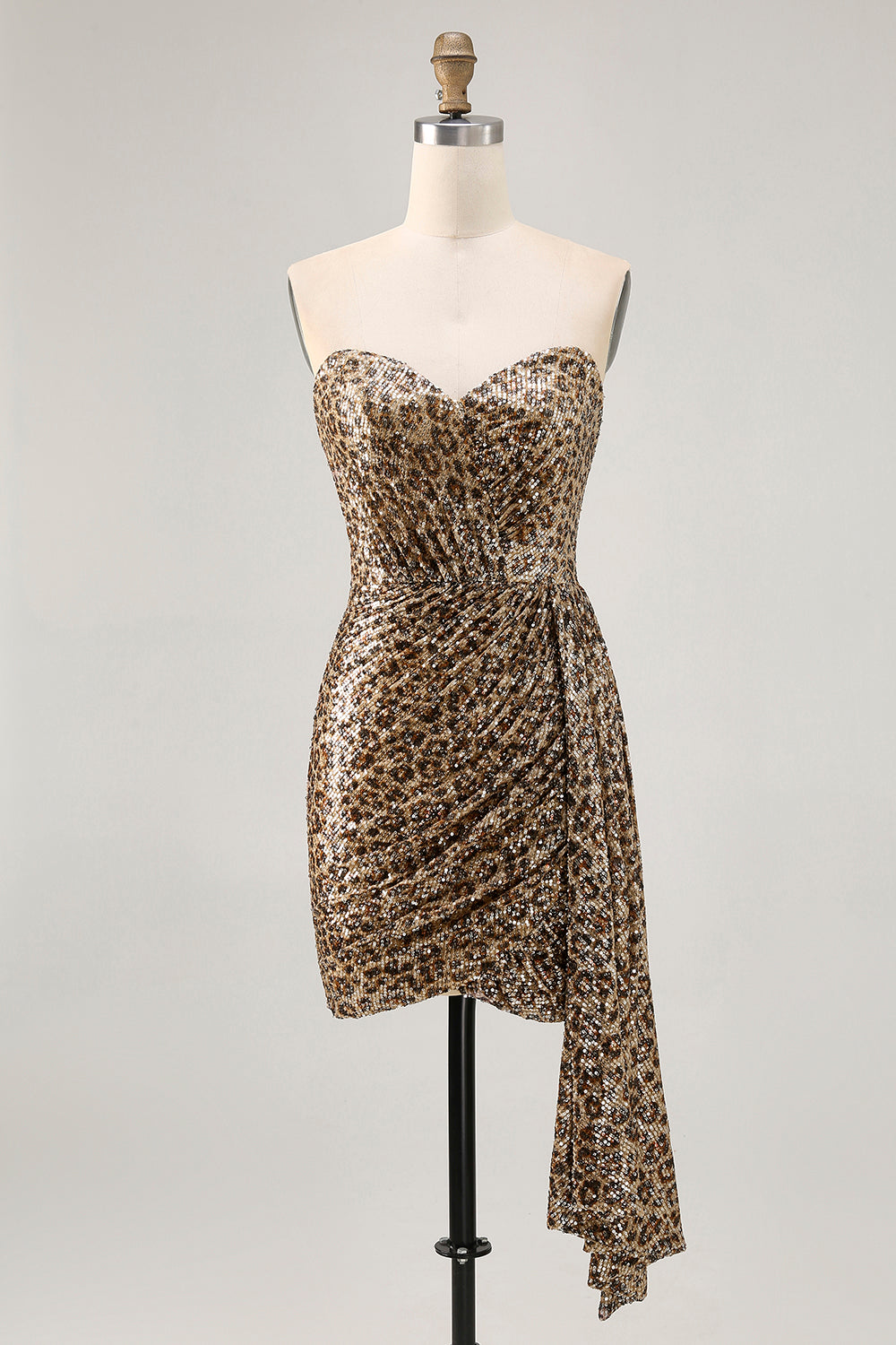 Sparkly Khaki Leopard Ruched Bodycon Strapless Homecoming Dress With Sash - Image 1