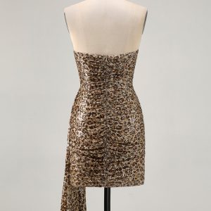 Sparkly Khaki Leopard Ruched Bodycon Strapless Homecoming Dress With Sash - Image 2