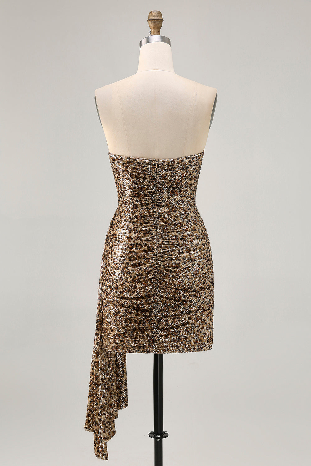 Sparkly Khaki Leopard Ruched Bodycon Strapless Homecoming Dress With Sash - Image 2