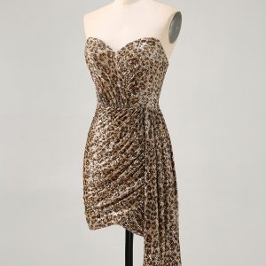 Sparkly Khaki Leopard Ruched Bodycon Strapless Homecoming Dress With Sash - Image 5
