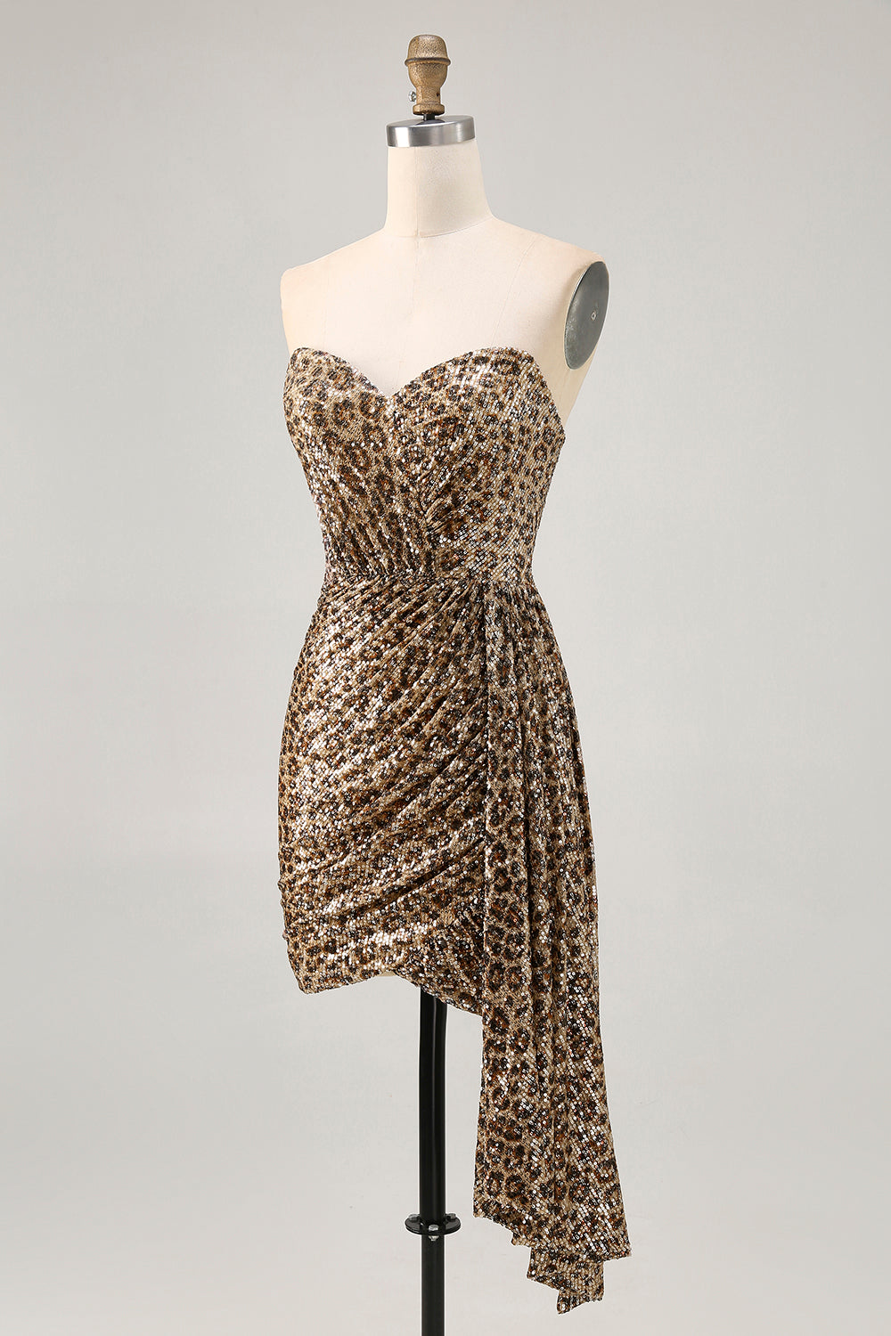 Sparkly Khaki Leopard Ruched Bodycon Strapless Homecoming Dress With Sash - Image 5