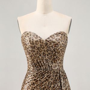 Sparkly Khaki Leopard Ruched Bodycon Strapless Homecoming Dress With Sash - Image 6