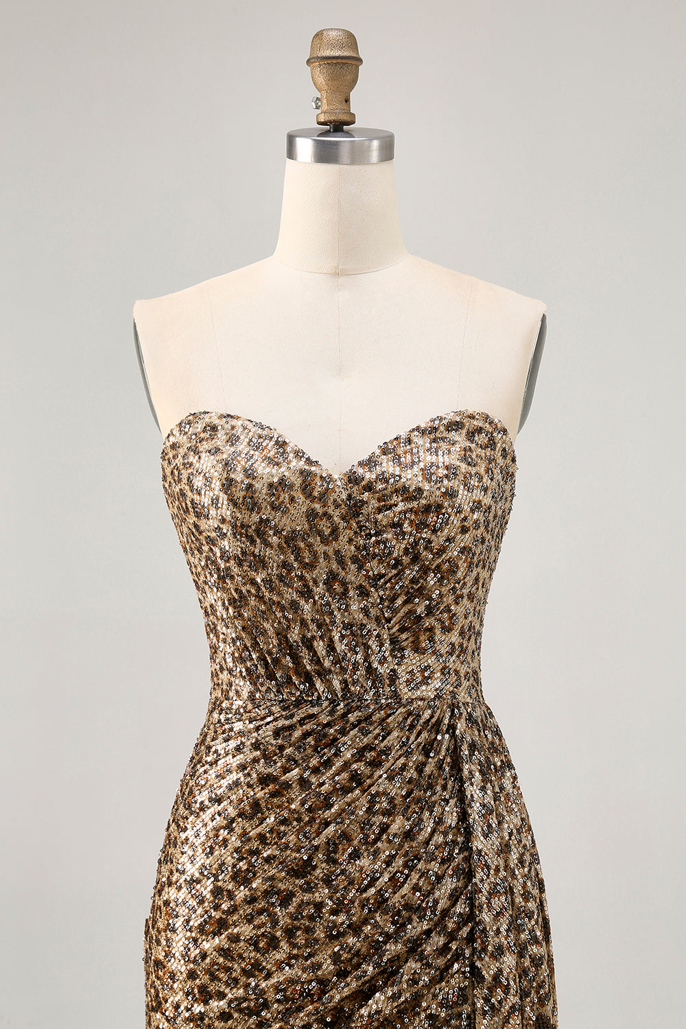 Sparkly Khaki Leopard Ruched Bodycon Strapless Homecoming Dress With Sash - Image 6