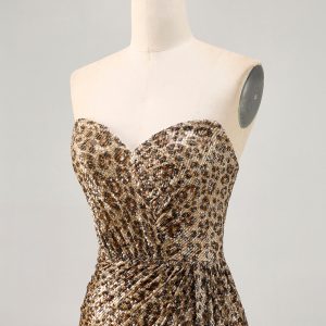 Sparkly Khaki Leopard Ruched Bodycon Strapless Homecoming Dress With Sash - Image 8