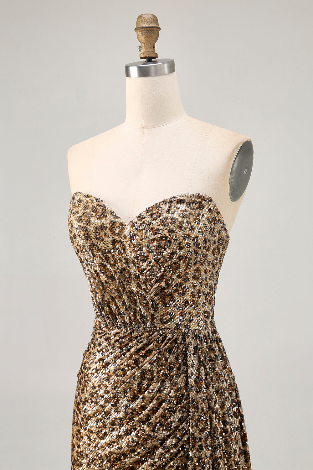 Sparkly Khaki Leopard Ruched Bodycon Strapless Homecoming Dress With Sash - Image 8
