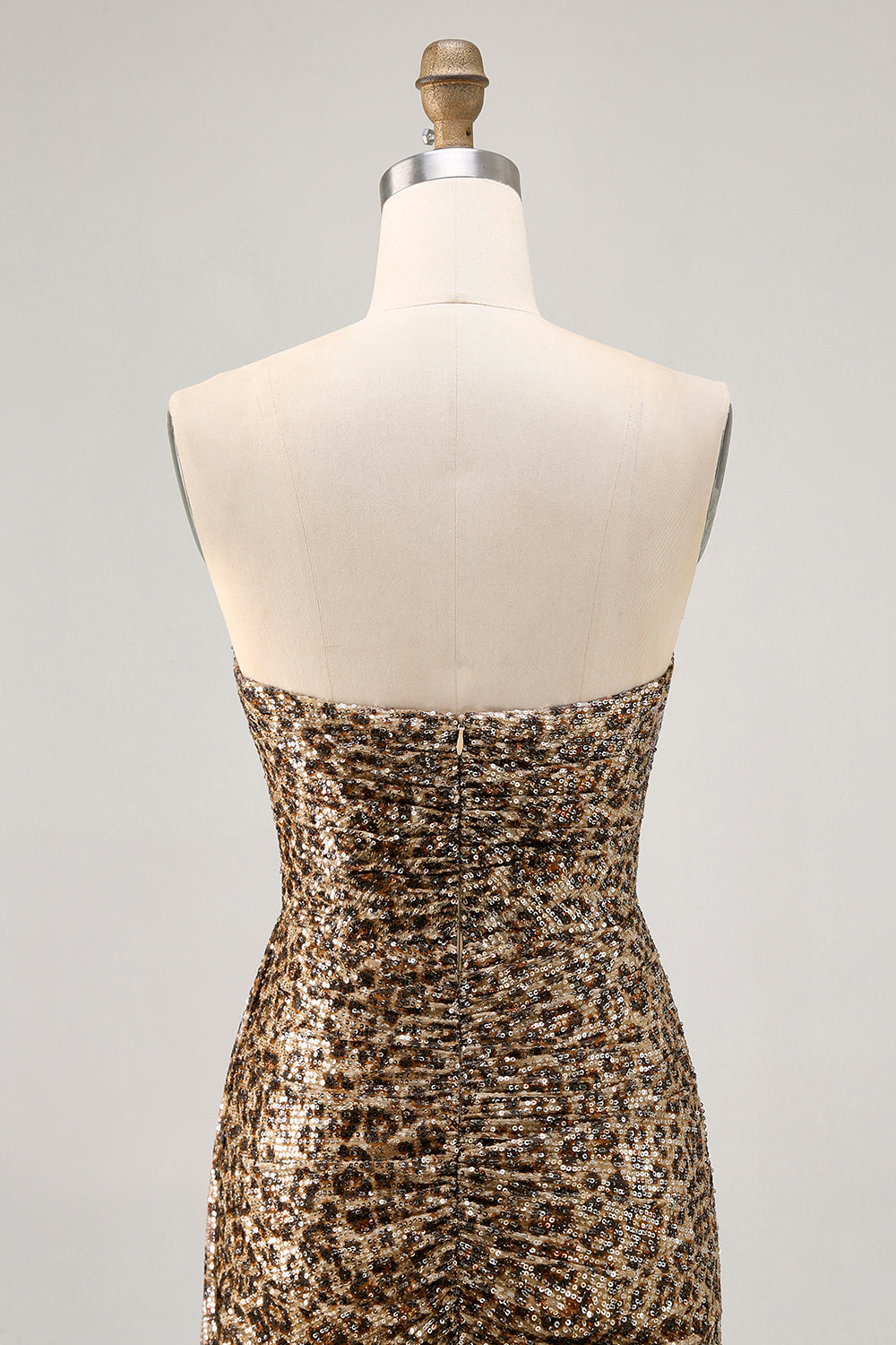 Sparkly Khaki Leopard Ruched Bodycon Strapless Homecoming Dress With Sash - Image 7