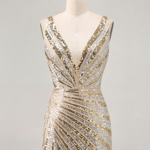 Sparkly Golden V-Neck Bodycon Homecoming Dress - Image 1