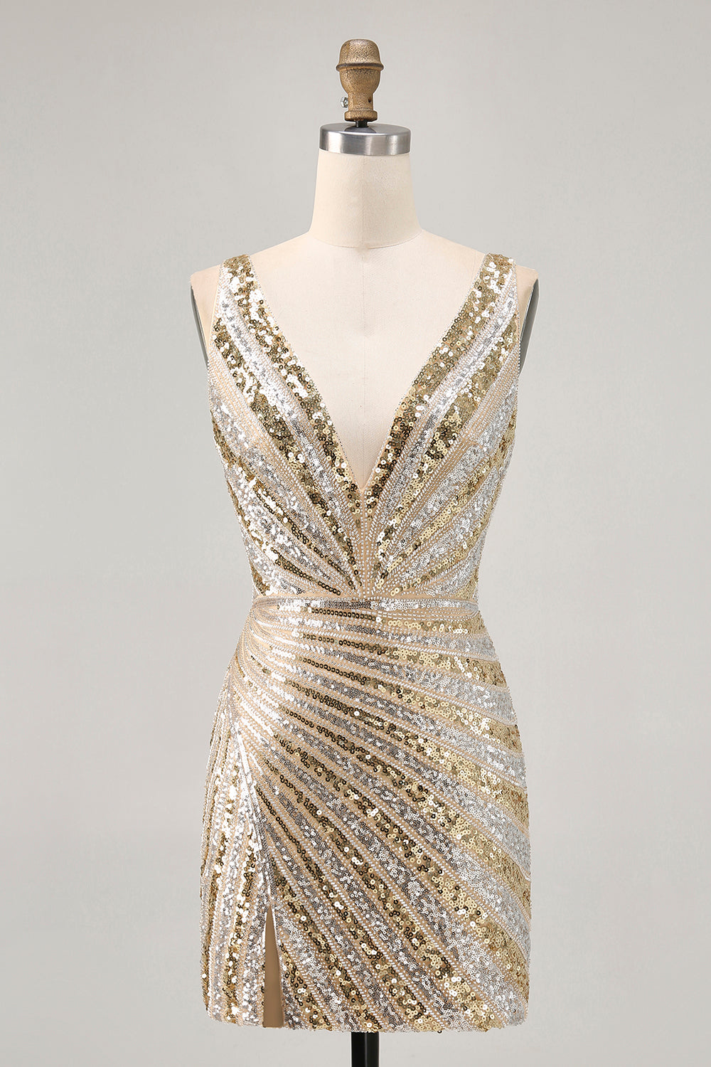 Sparkly Golden V-Neck Bodycon Homecoming Dress - Image 1