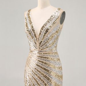 Sparkly Golden V-Neck Bodycon Homecoming Dress - Image 5