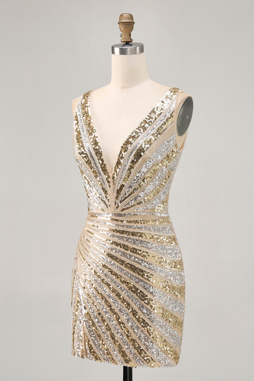 Sparkly Golden V-Neck Bodycon Homecoming Dress - Image 5