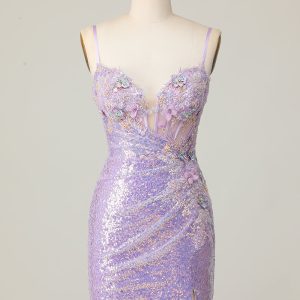 Sparkly Lilac Bodycon Corset Homecoming Dress with Appliques - Image 1