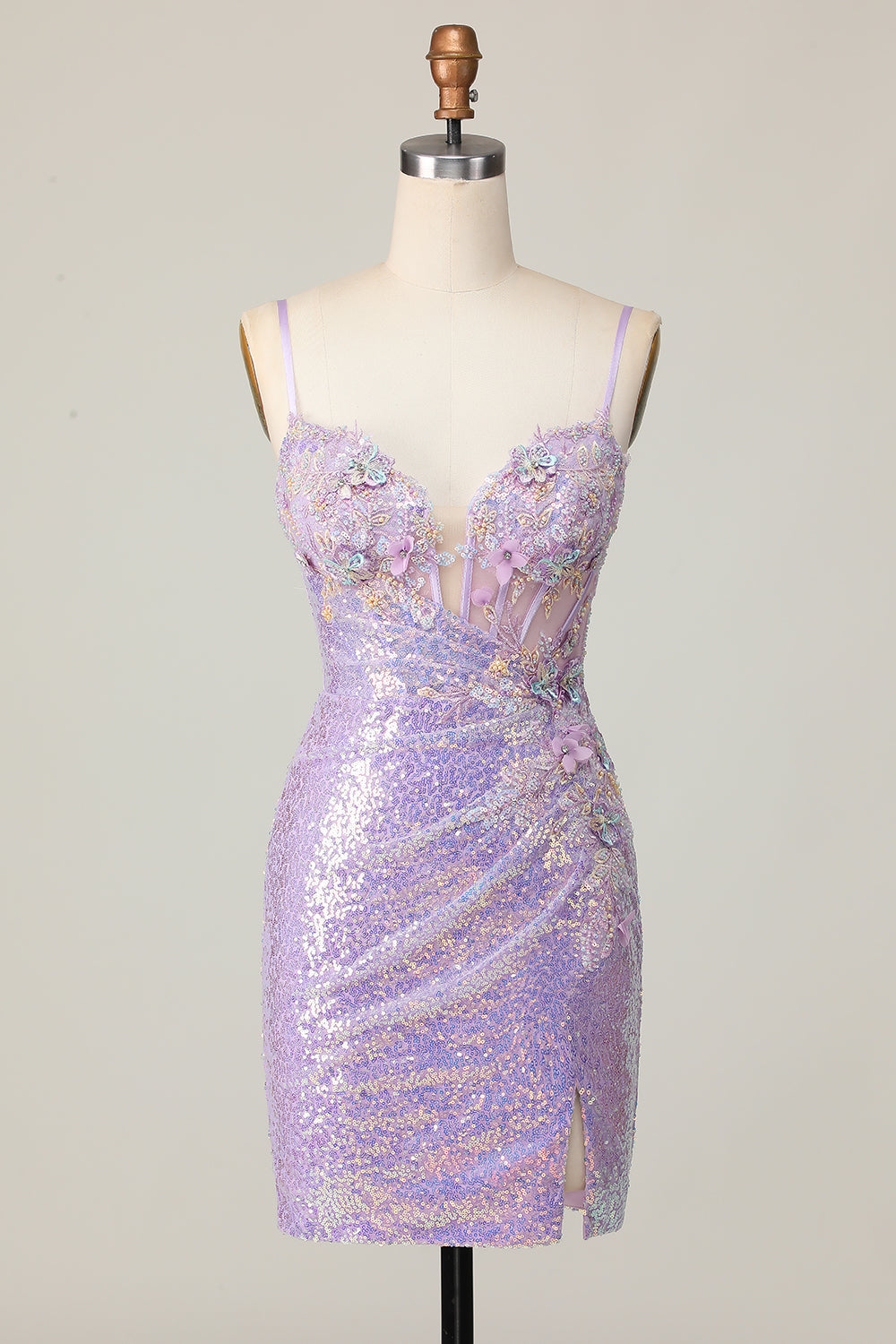 Sparkly Lilac Bodycon Corset Homecoming Dress with Appliques - Image 1