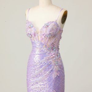 Sparkly Lilac Bodycon Corset Homecoming Dress with Appliques - Image 5