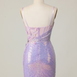 Sparkly Lilac Bodycon Corset Homecoming Dress with Appliques - Image 2