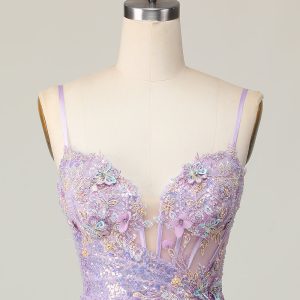 Sparkly Lilac Bodycon Corset Homecoming Dress with Appliques - Image 6