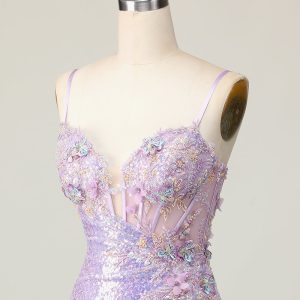 Sparkly Lilac Bodycon Corset Homecoming Dress with Appliques - Image 8