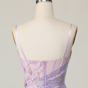 Sparkly Lilac Bodycon Corset Homecoming Dress with Appliques - Image 7