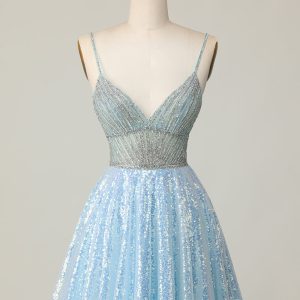 Sparkly Light Blue V Neck Sequins A Line Homecoming Dress - Image 1