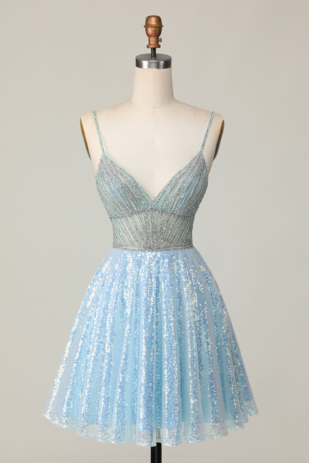 Sparkly Light Blue V Neck Sequins A Line Homecoming Dress - Image 1