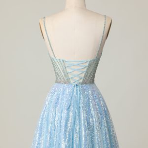 Sparkly Light Blue V Neck Sequins A Line Homecoming Dress - Image 2