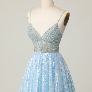 Sparkly Light Blue V Neck Sequins A Line Homecoming Dress - Image 3