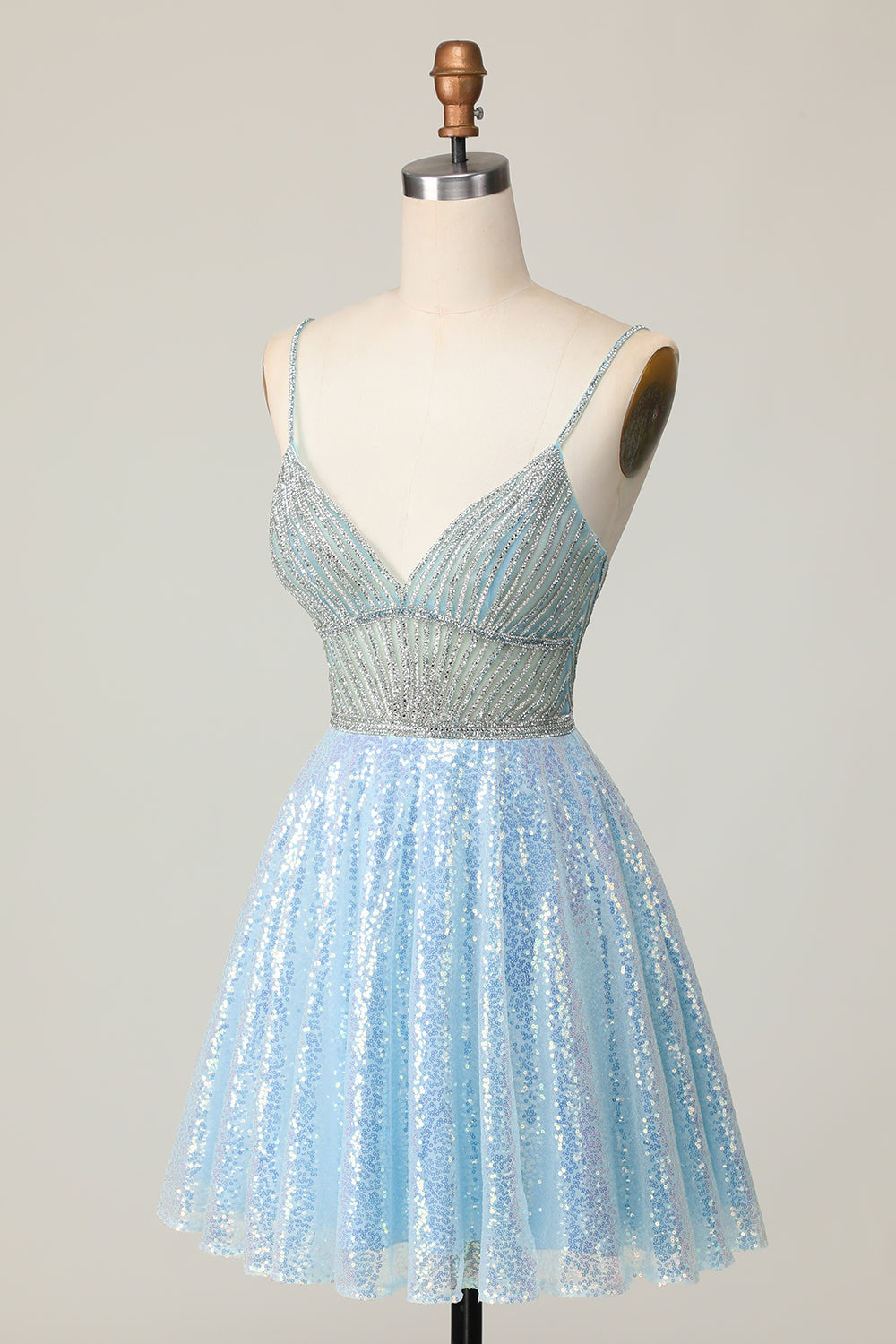 Sparkly Light Blue V Neck Sequins A Line Homecoming Dress - Image 3