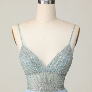 Sparkly Light Blue V Neck Sequins A Line Homecoming Dress - Image 4
