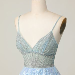 Sparkly Light Blue V Neck Sequins A Line Homecoming Dress - Image 6
