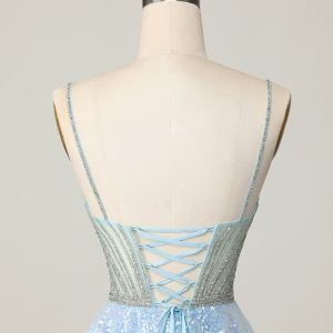 Sparkly Light Blue V Neck Sequins A Line Homecoming Dress - Image 5