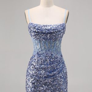Sparkly Grey Blue Corset Homecoming Dress with Slit - Image 1