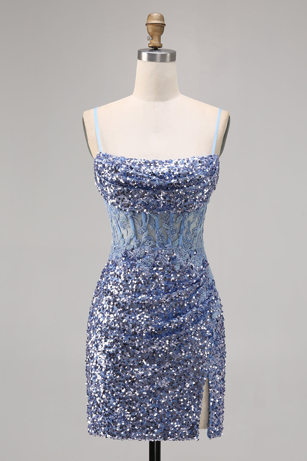 Sparkly Grey Blue Corset Homecoming Dress with Slit - Image 1