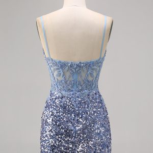 Sparkly Grey Blue Corset Homecoming Dress with Slit - Image 2