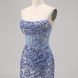 Sparkly Grey Blue Corset Homecoming Dress with Slit - Image 3