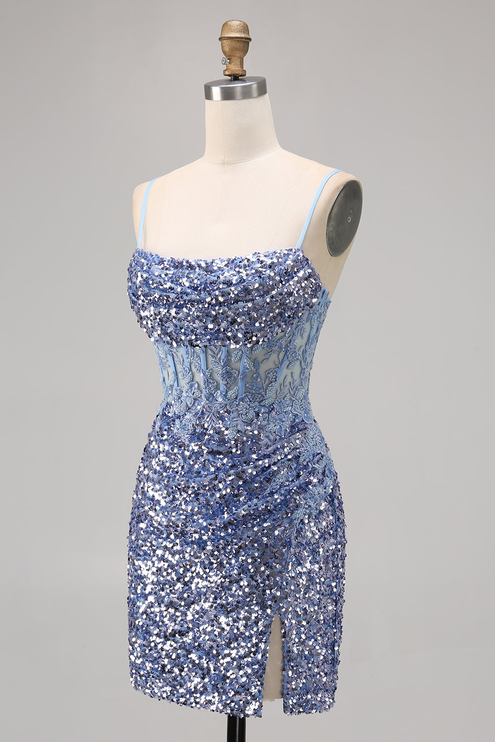 Sparkly Grey Blue Corset Homecoming Dress with Slit - Image 3
