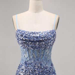 Sparkly Grey Blue Corset Homecoming Dress with Slit - Image 4