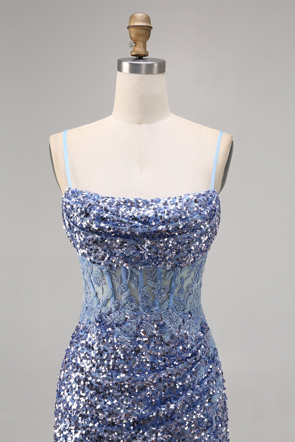 Sparkly Grey Blue Corset Homecoming Dress with Slit - Image 4