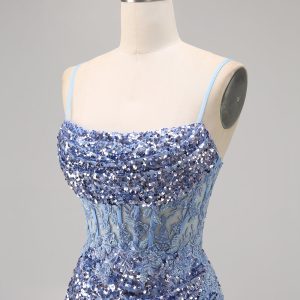 Sparkly Grey Blue Corset Homecoming Dress with Slit - Image 6