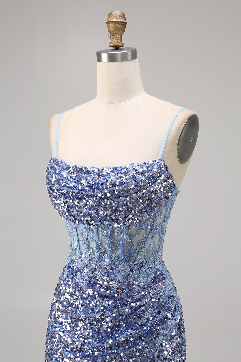 Sparkly Grey Blue Corset Homecoming Dress with Slit - Image 6