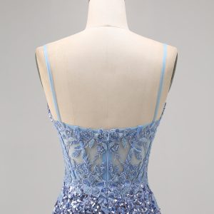 Sparkly Grey Blue Corset Homecoming Dress with Slit - Image 5