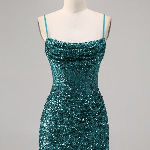 Sparkly Grey Blue Corset Homecoming Dress with Slit - Image 7