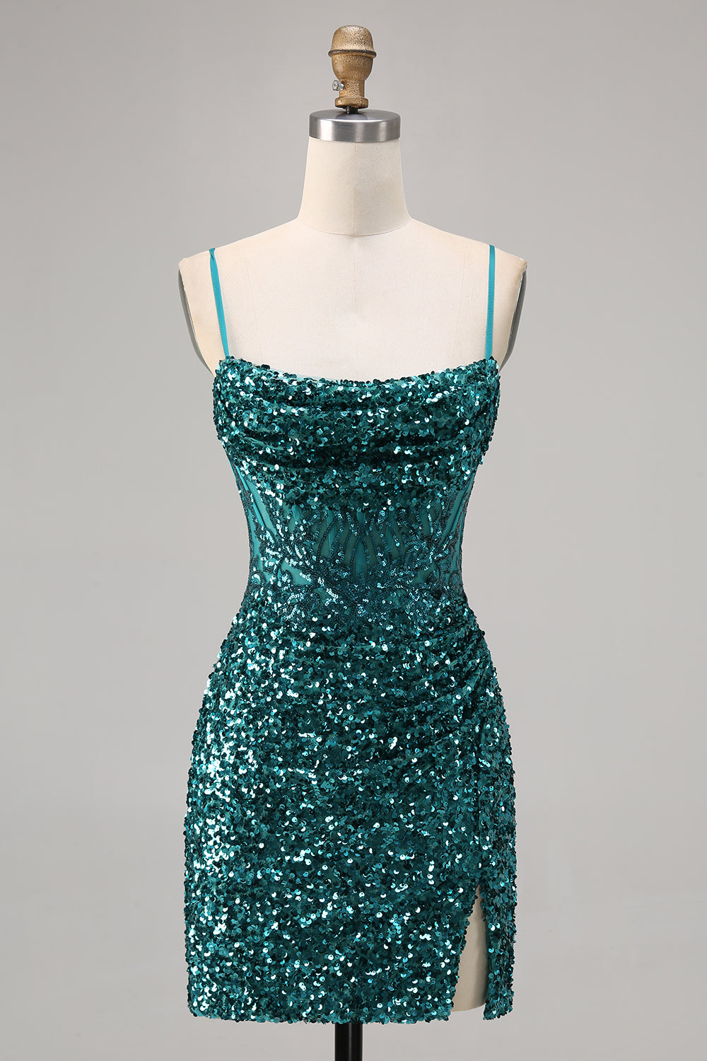 Sparkly Grey Blue Corset Homecoming Dress with Slit - Image 7