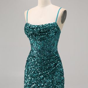Sparkly Grey Blue Corset Homecoming Dress with Slit - Image 9