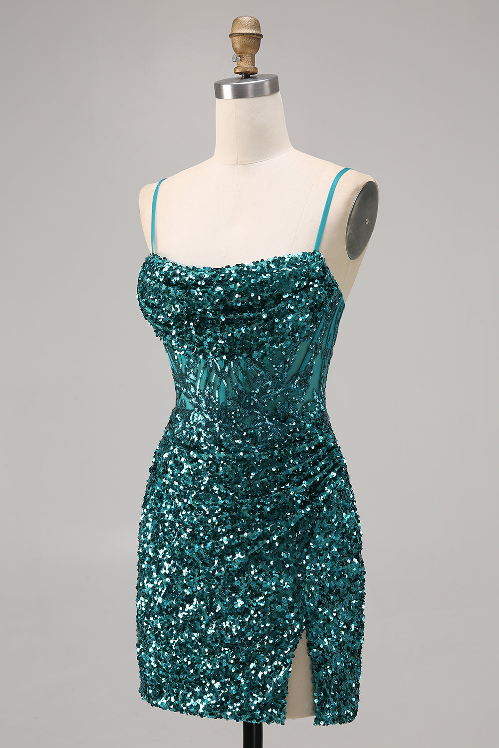 Sparkly Grey Blue Corset Homecoming Dress with Slit - Image 9